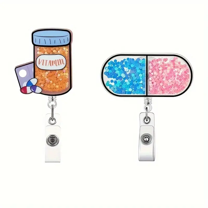 Capsule Pill Bottle Design Card Cover Buckle Acrylic Badge Reel Name Tag  Clip ID Card Holder, Cute Shiny Retractable ID Badge Holder For Nurse  Doctors