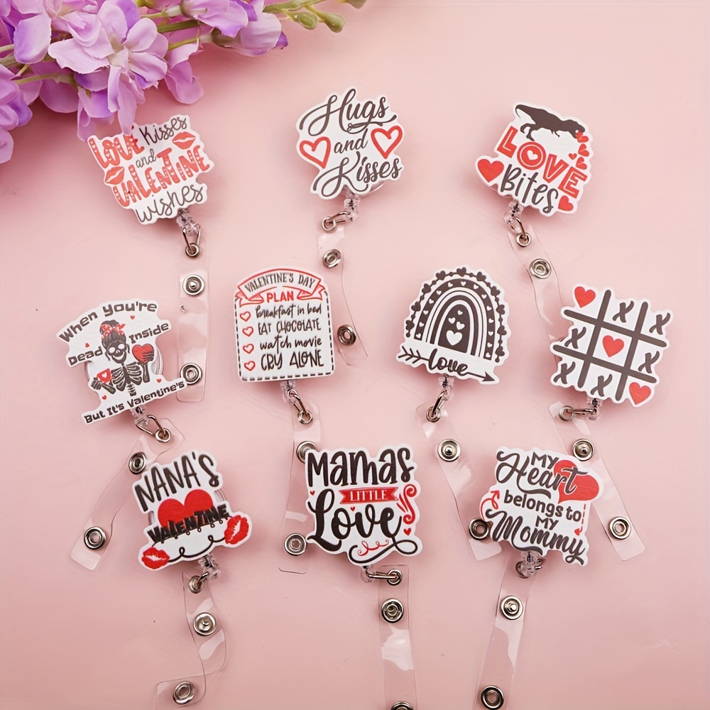 New Creative Valentine's Day Gift Red Lips Love Words Design Acrylic Badge Buckle Ladies Card Holder Retractable Badge Reel for Mother Gift,Temu