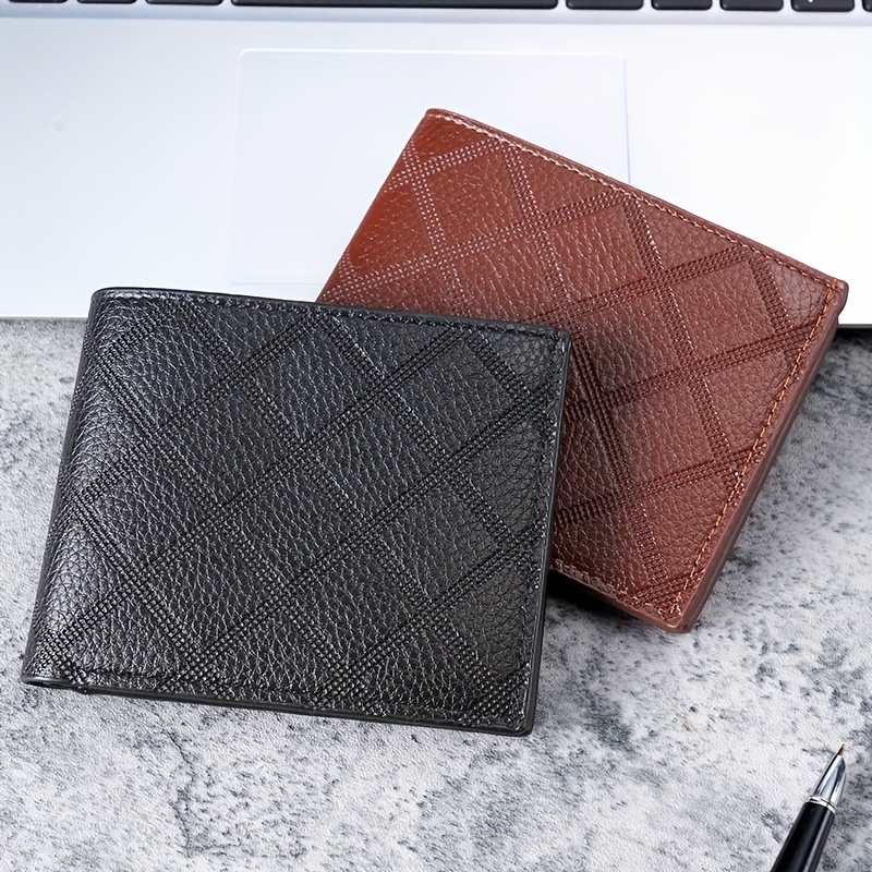 Men's Fashion Leather Short Wallet Money Clip Argyle Pattern Multi-card  Card Holder Purse Horizontal Wallet Coin Purse Gift For Men - Temu