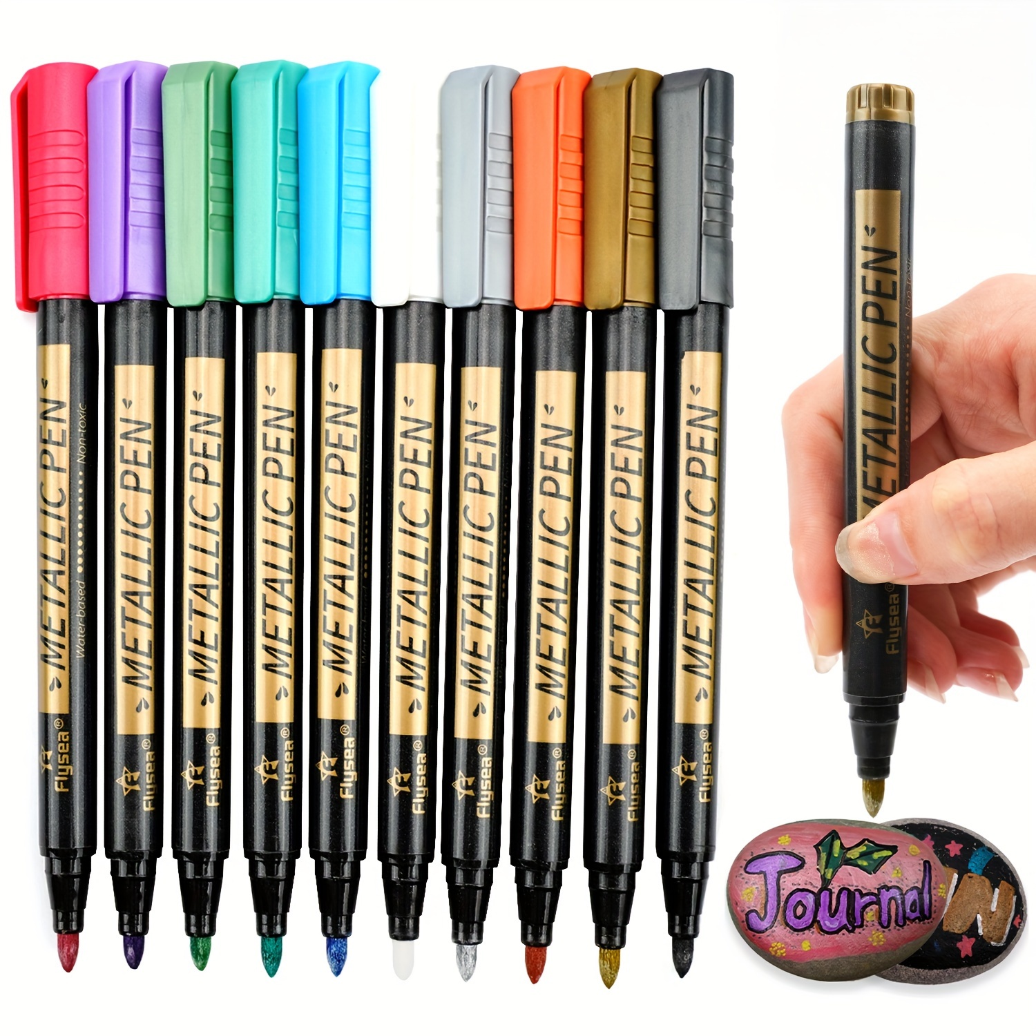 Guangna Metallic Marker Pens,12 Assorted Colors Fine Tip Metallic Marker Painting Pens for Scrapbook DIY Photo Album,Rock Painting, Glass, Cardstock
