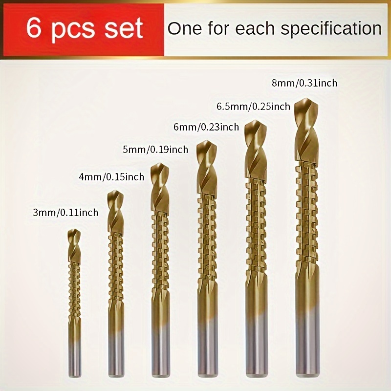 TEMU 6pcs Broca De Acero De Alta Velocidad Recubierta De Titanio, Broca De Corte Lateral Dentada De 3-8 Mm Para Plástico, Metal, Madera, Herramientas