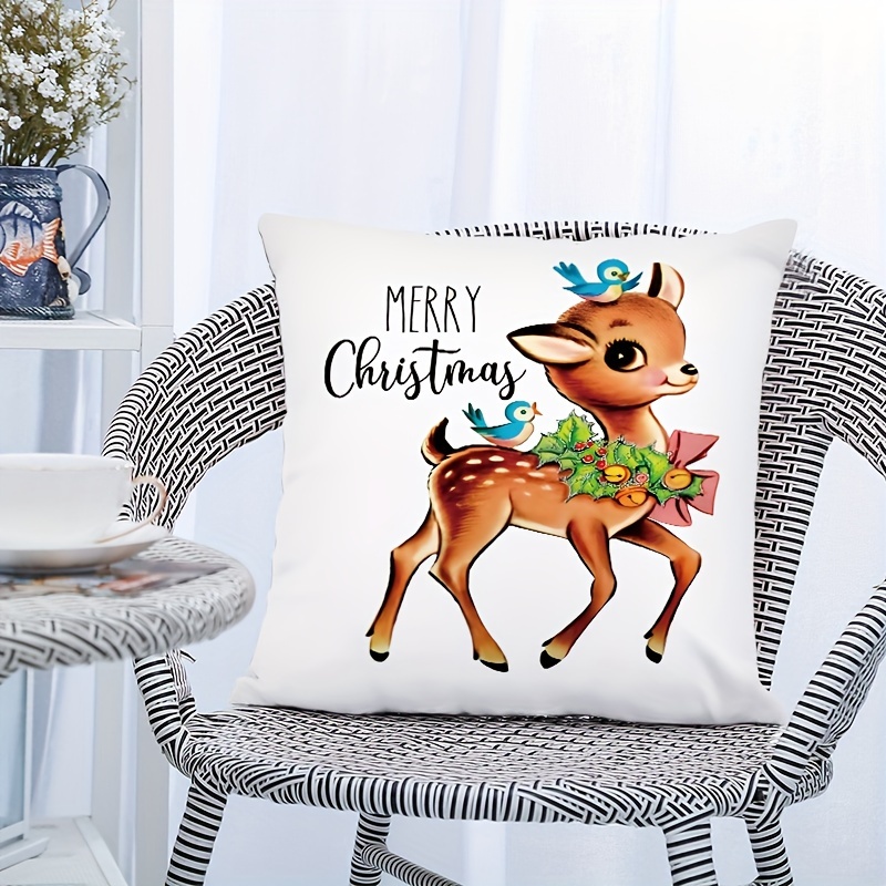 Elk Christmas Throw Pillow Cover Linen Letter Print Holiday