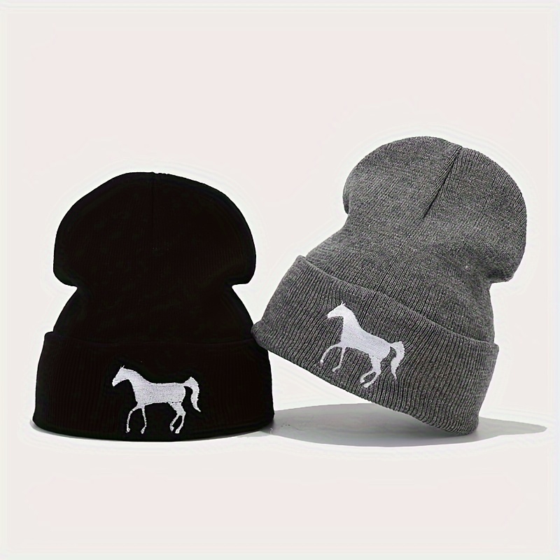 

1pc Fashion All-match Horse Embroidery Knitted Hat, Men And Women Outdoor Warm Beanie Hat