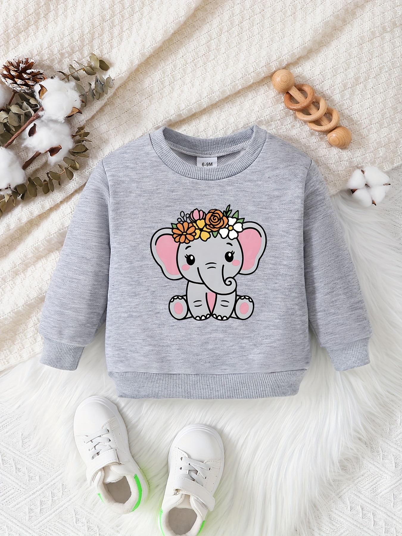 Elephant Print, Girls Baby Graphic Long Sleeve Sweatshirt, Loose