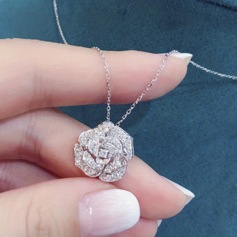 Delicate Micro Pave Zircon Rose Flower Pendant Necklace Temu