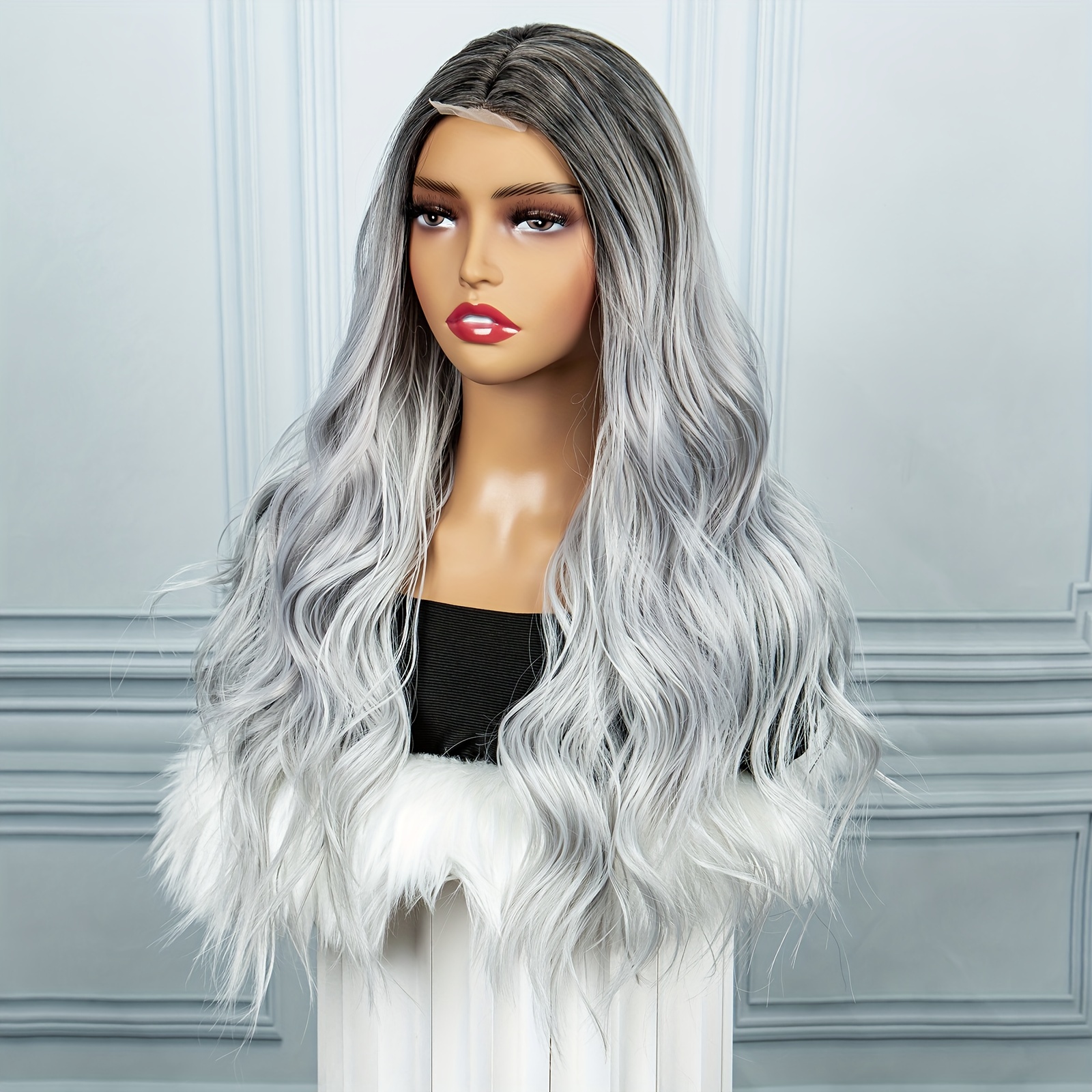 Long Wavy Curly Colored Wigs With Bangs Purple Omber Gray Synthetic Wig