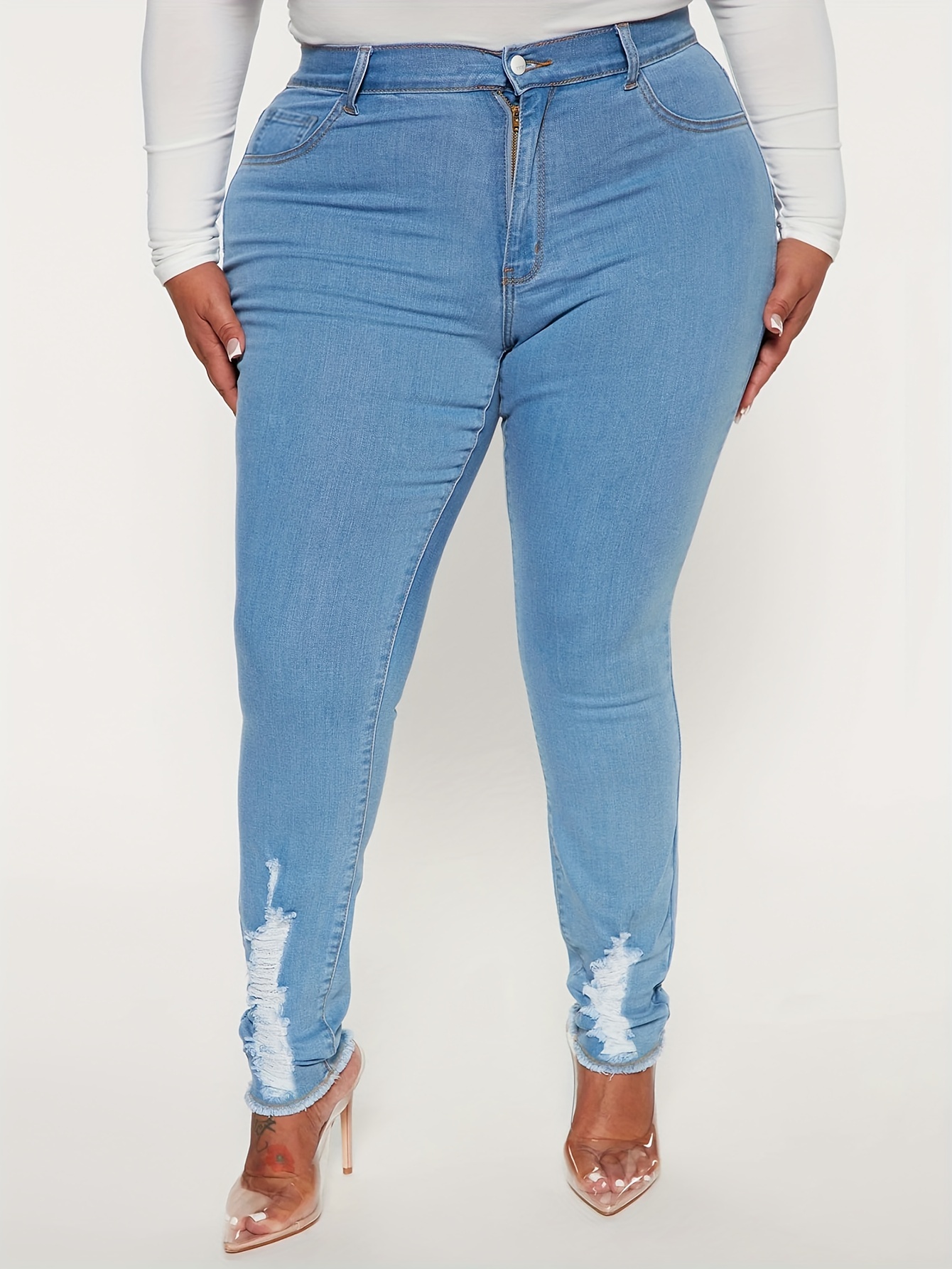 Plus Size Casual Jeans, Women's Plus Solid Ripped Raw Trim Button Fly High  Rise High Stretch Skinny Jeans