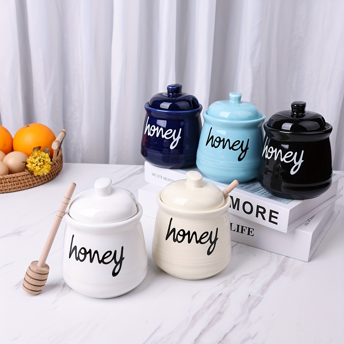 Porcelain Honey Jar With Dipper And Lid, Honey Dispenser Pot