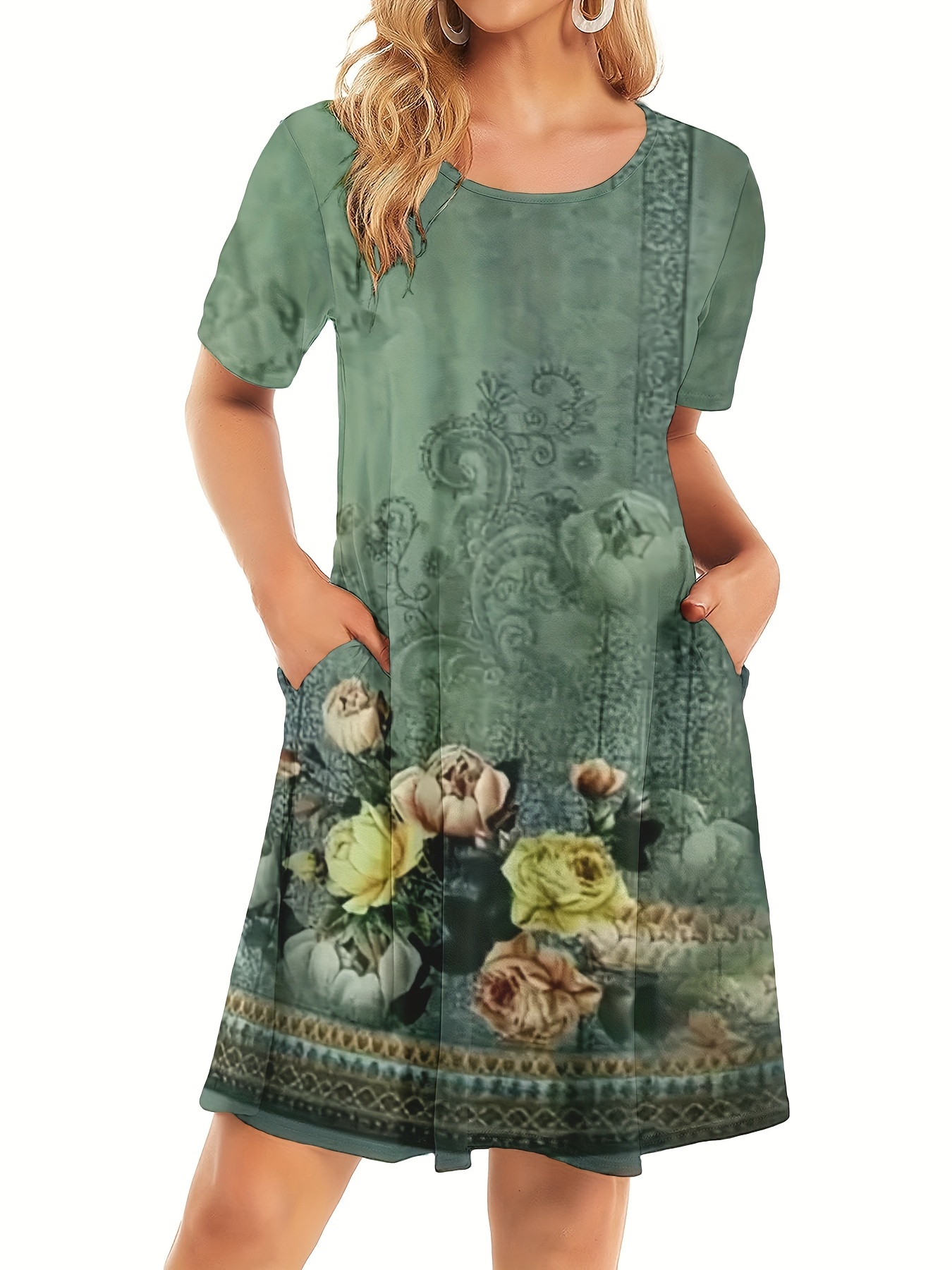 floral print short sleeve dress casual crew neck dress for spring summer womens clothing