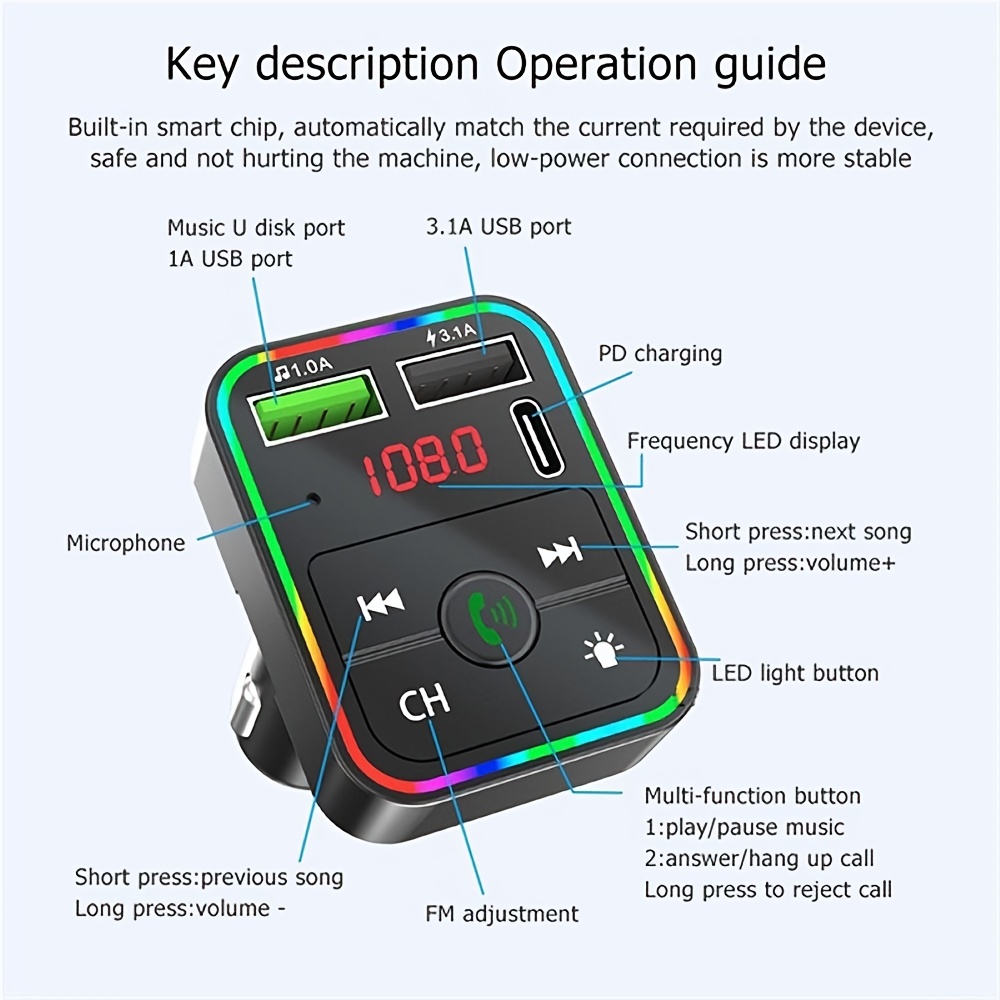 Wekome Car Charger, Car Cigarette Lighter Charger, Wireless Bt 5.1, Mp3  Music Player, Led Colorful Light Strip, Hands-free Calling Support, Tf  Card, Usb Music Connection, Type-c And Usb Fast Charging - Temu