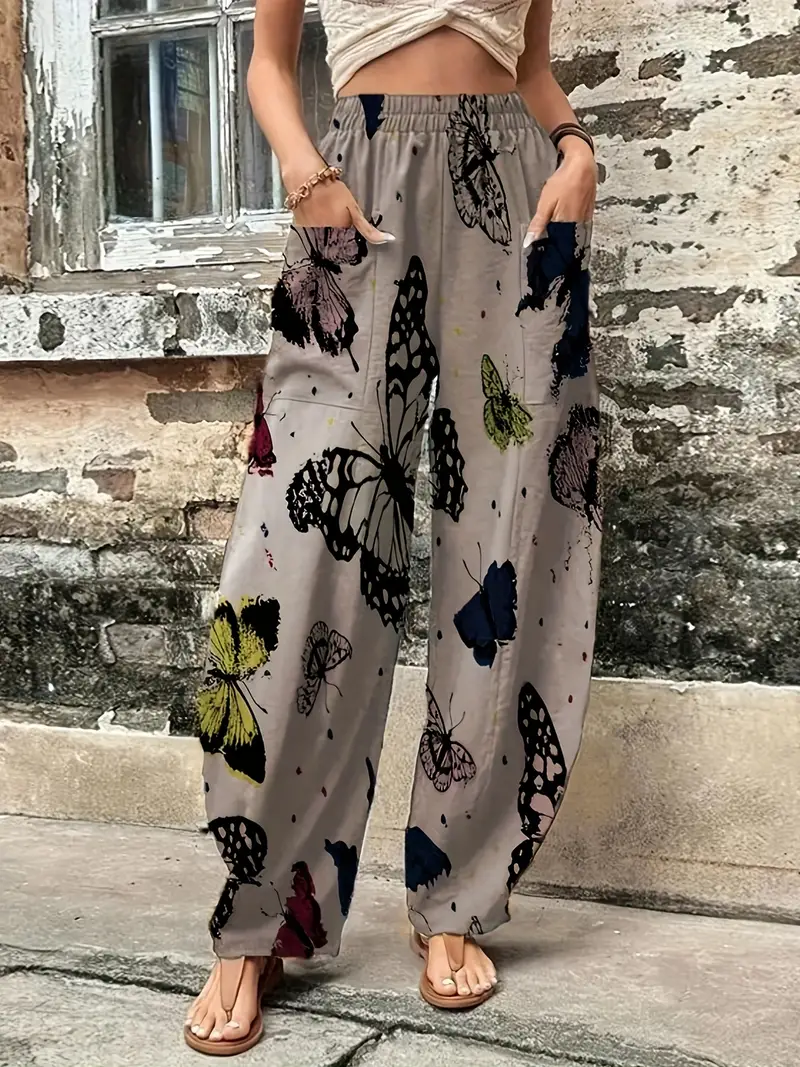 Plus Size Boho Pants, Women's Plus Butterfly Print Elastic High * Wide Leg  Trousers With Side Pockets