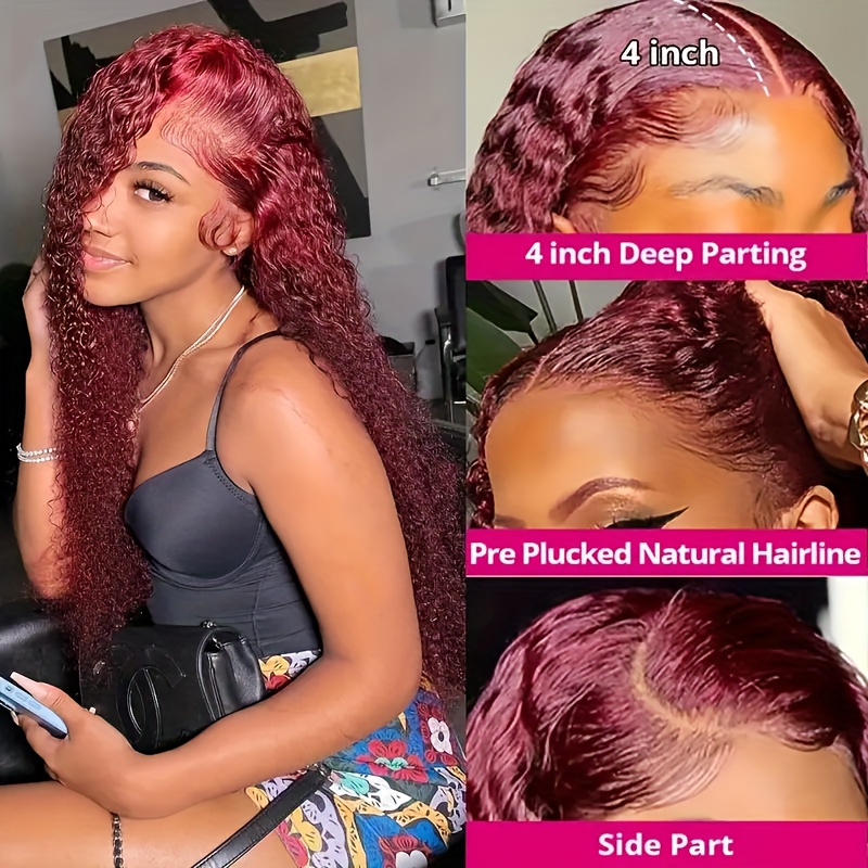 Burgundy Red 13x4 Curly Lace Front Human Hair Wigs 99j Temu