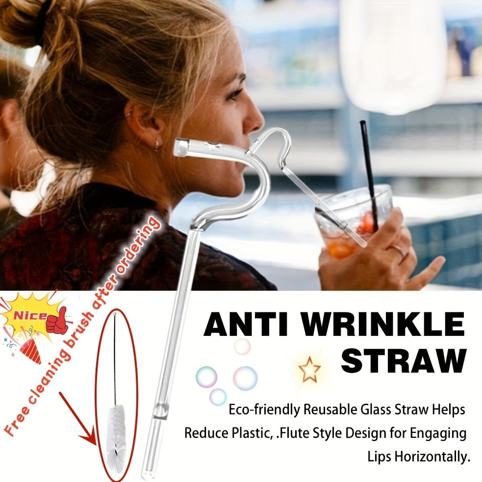 2PCS Anti Wrinkle Straw, Reusable Anti Wrinkle Drinking Straw Glass Straw, Lip  Straw for Wrinkles, Set of 2 Anti Lip Wrinkle Straw and 1 brush