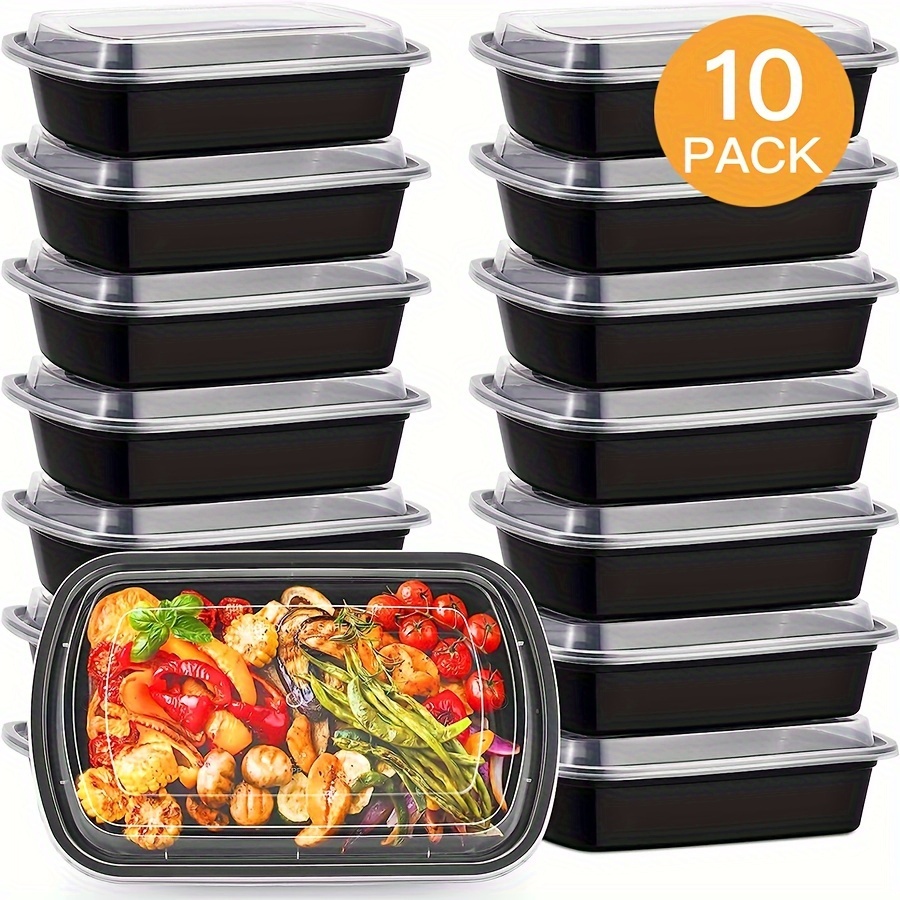 Wholesale 6 Pack 3 Compartment Round Food Container- 30oz BLACK/CLEAR LID