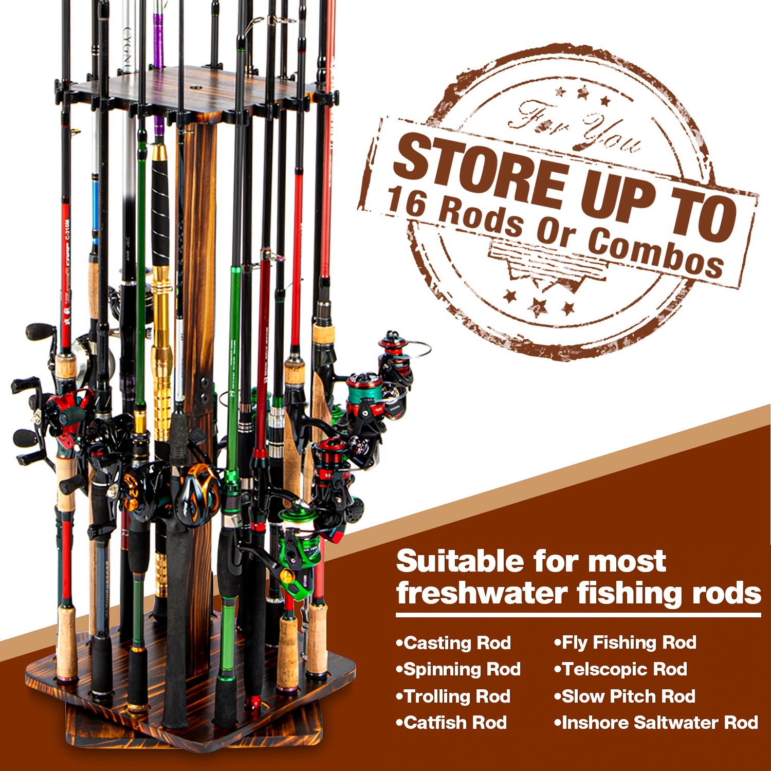 Fishing Rod Pole Holders Rack, 360 Degree Rotating Garage Pole Floor Stand  Holds up to 16 Rods Wood Vertical Upright Fishing Gear Equipment Storage Or