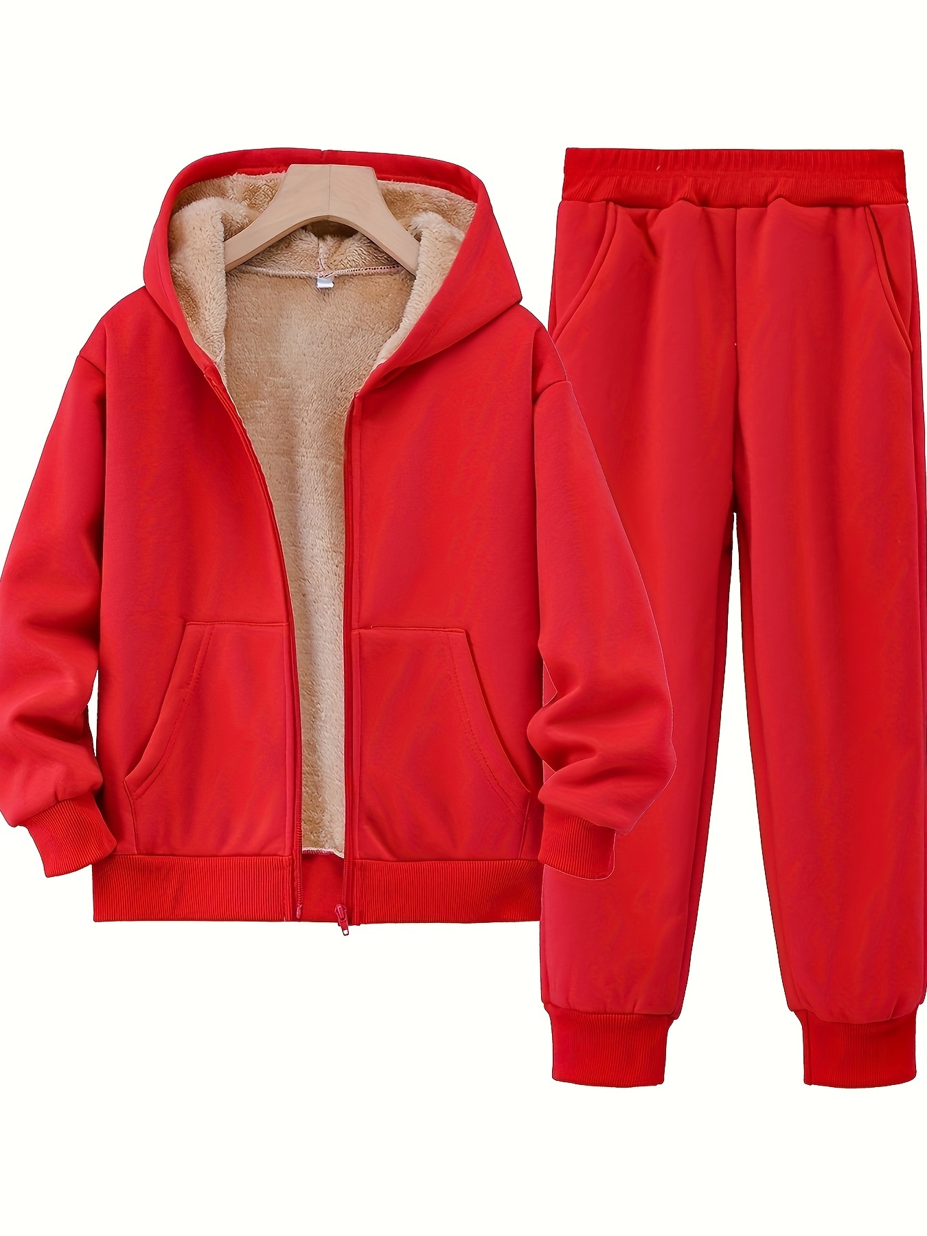 boy's warm fleece thick solid hooded outfit zip hoodie pants