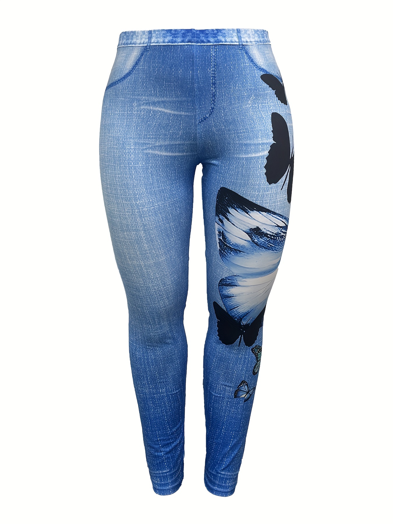 Plus Size Casual Leggings, Women's Plus Denim & Butterfly Print Stretchy  Skinny Leggings