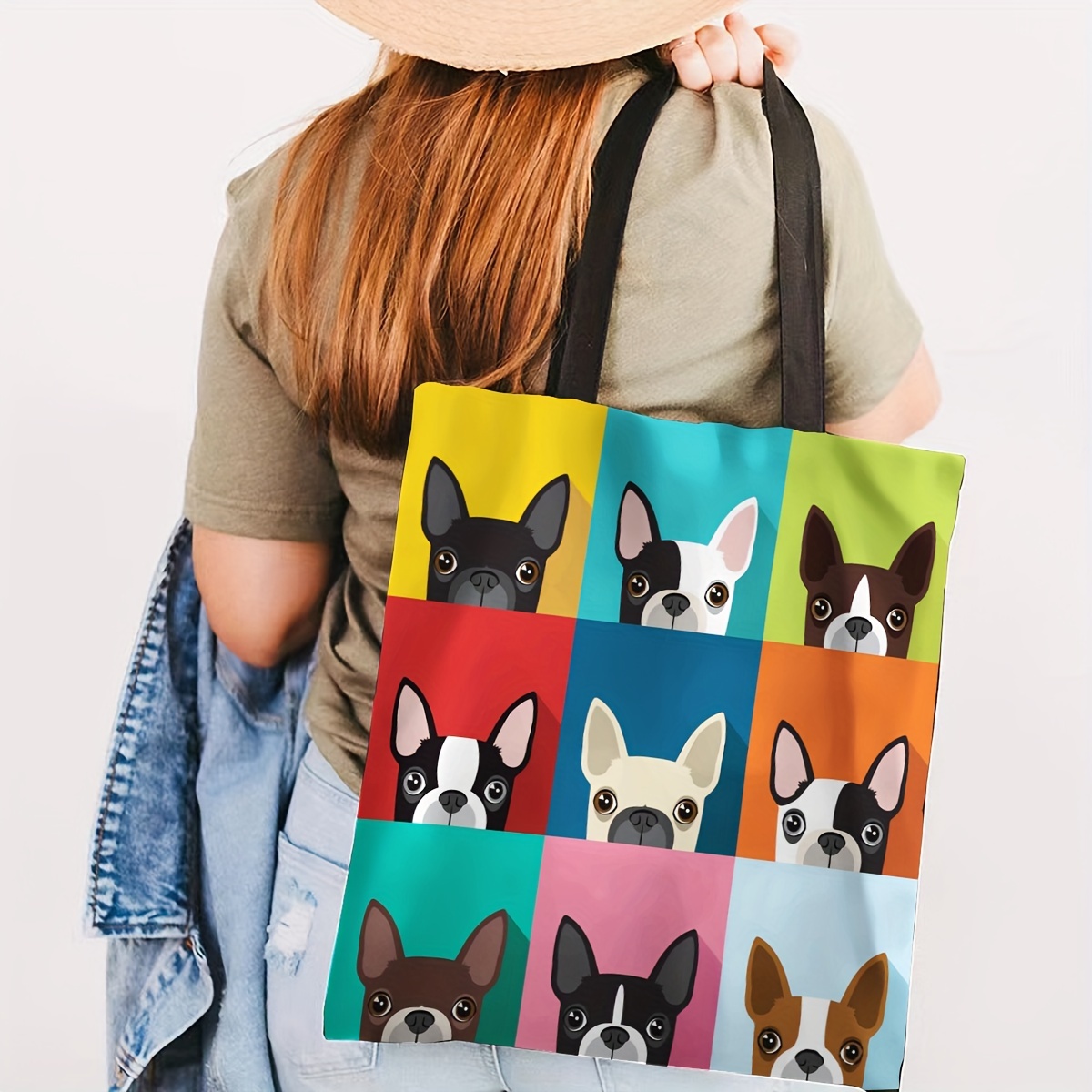 

Cute Cartoon Boston Terrier Print Canvas Double-sided Printing Tote Bag, Casual Large Capacity Shopping Bag, Versatile Shoulder Bag