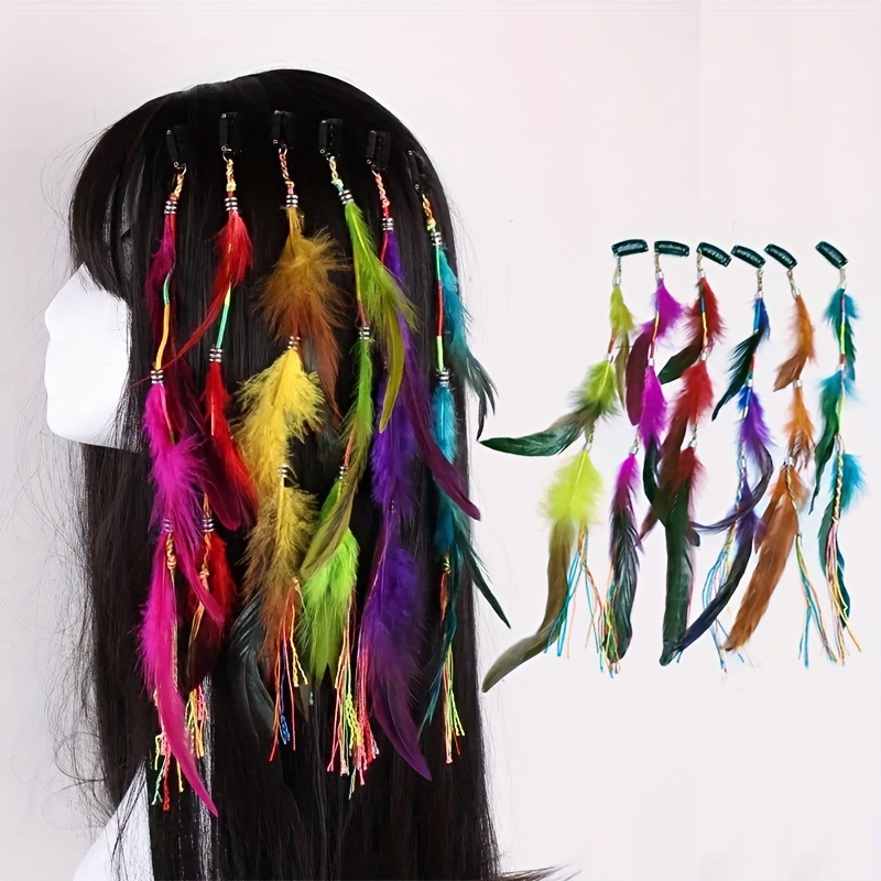 

6 Colors Mixed Set Personality Dirty Braid Tide Ethnic Style Creative Literary Colorful Feather Tassel Bb Clip Hairpin Handmade Hair Decorative Accessories