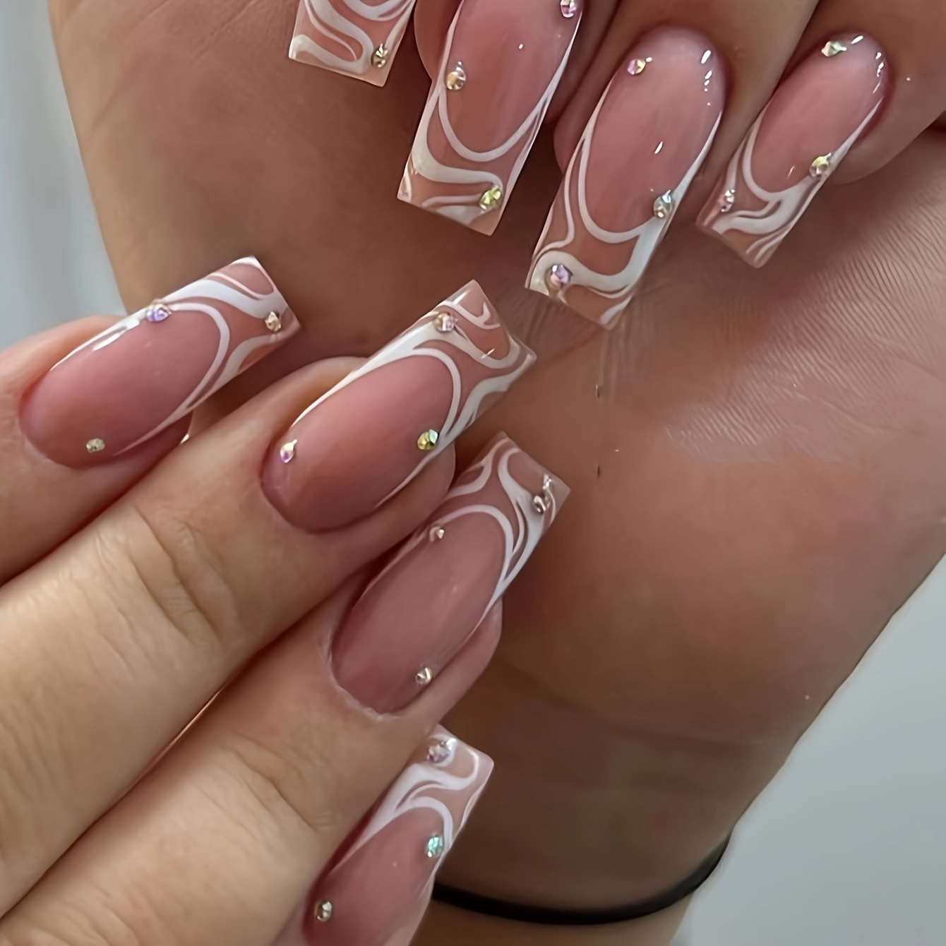 

24pcs Glossy French Press On Nails, White Swirl And Rhinestone With Design Fake Nails, Long Square Shape False Nails For Women Girls