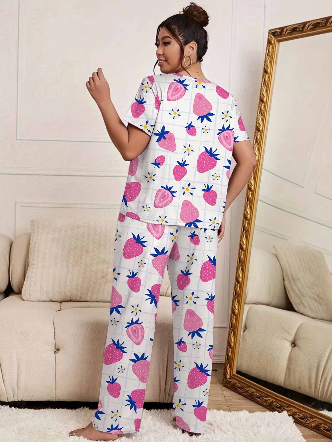 Plus Size Cute Pajama Set Women's Plus Strawberry Flower - Temu Canada