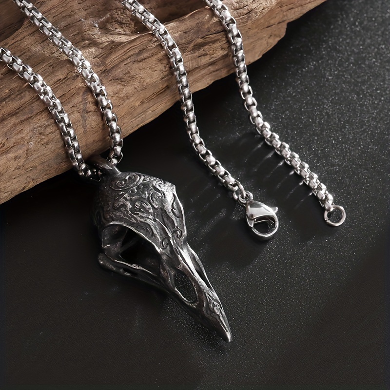 1pc Vintage Gothic Viking Raven Skull Pendant Necklace For Men, Punk Charm  Trendy Domineering Halloween Animal Jewelry Gift