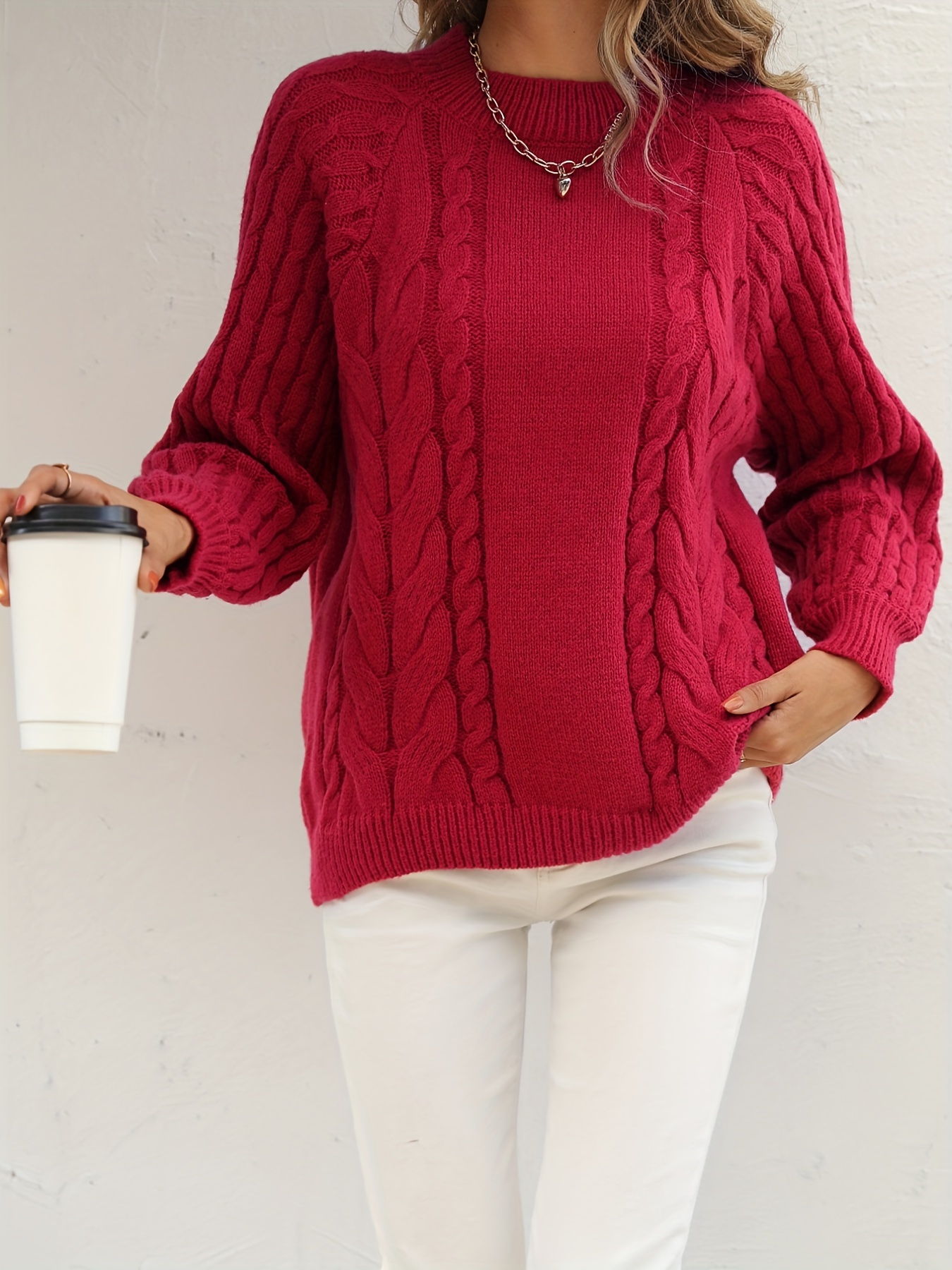 cable knit crew neck sweater casual long sleeve sweater for fall winter womens clothing burgundy 2