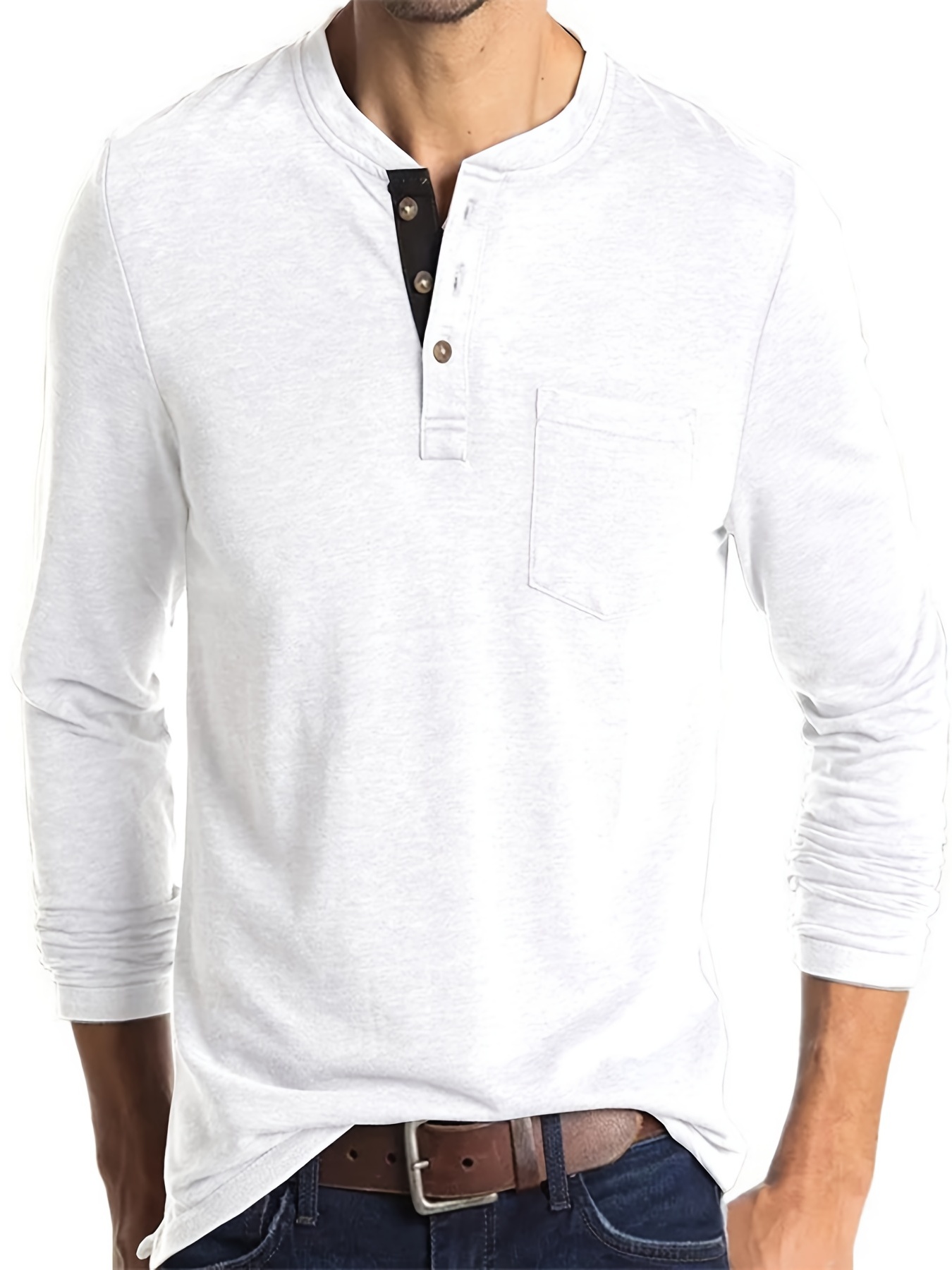 Men's Henley Collar Long Sleeve Cotton T Shirt - Temu