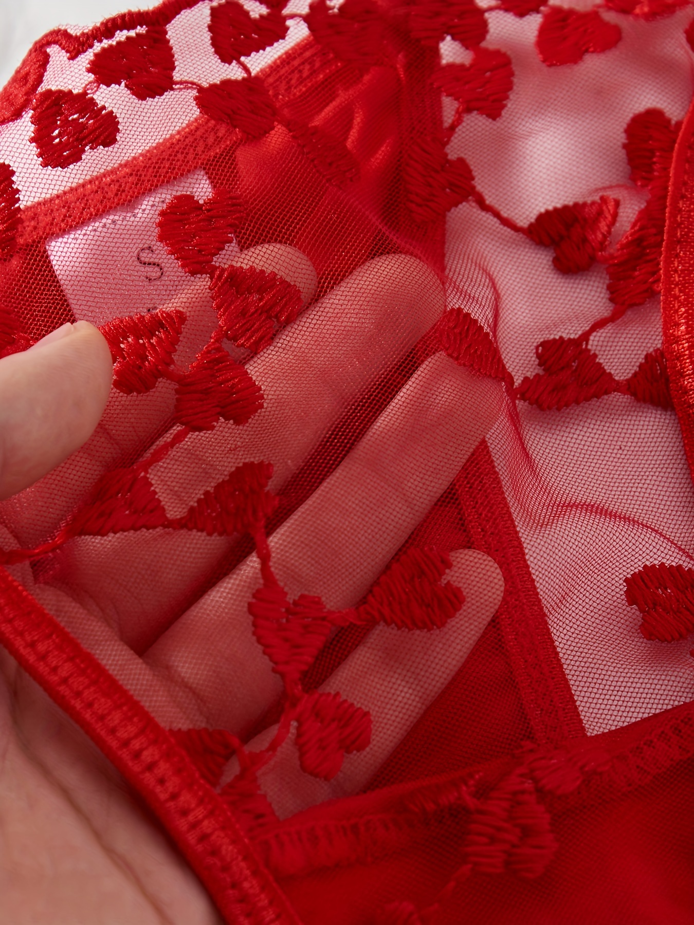 Valentine's Day Heart Embroidery Lingerie Set, Semi Sheer Bow Intimates Bra  & Garter Belt & Thong, Women's Sexy Lingerie & Underwear