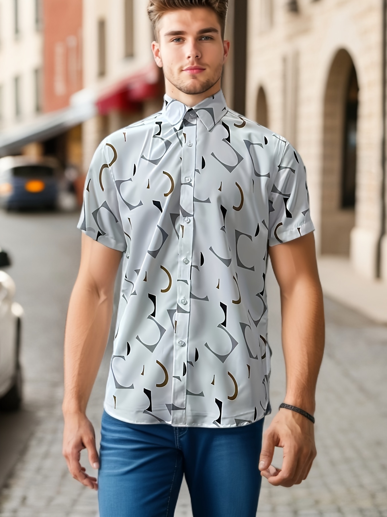 Herrmodig Geometrisk Mönstrad Skjorta, Formell Andningsbar Kragskjorta Med Knappar I Smal Passform Med Korta Ärmar För Utomhusbruk