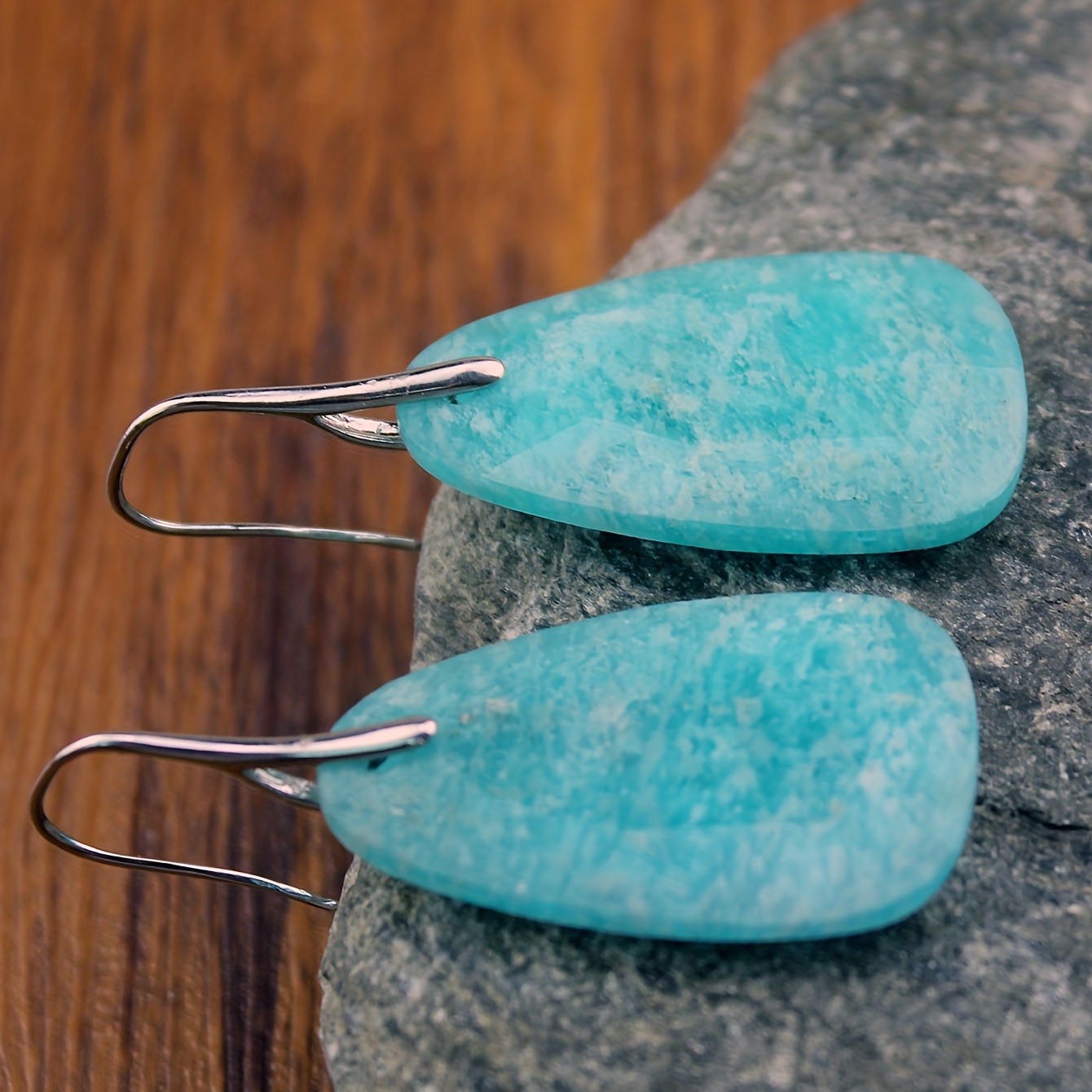 Teal Amazonite Dangle Earrings Natural Stone Copper Hooks