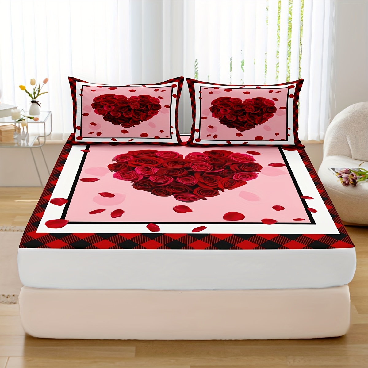 Fitted Sheet (without Pillowcase) Red Heart Print Bedding - Temu