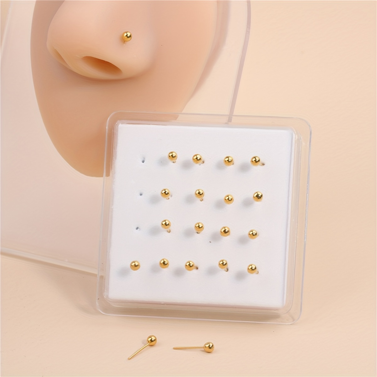 

3mm 20pcs Boxed Golden Nose Rings Set For Women Men Ball Straight Needle Body Piercing Jewelry