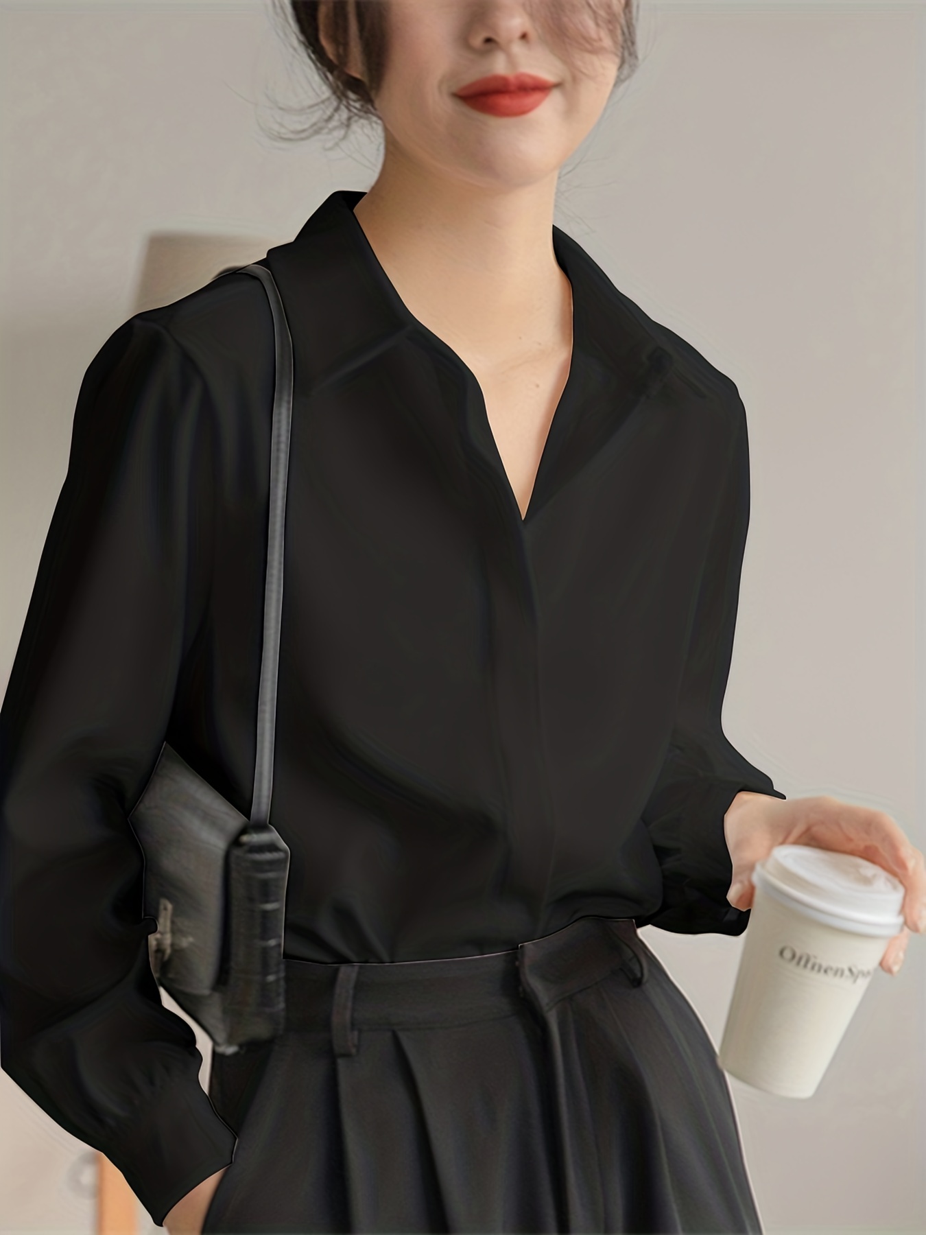Women's Chiffon Blouse with Tie Long Sleeve V-Neck Loose Female