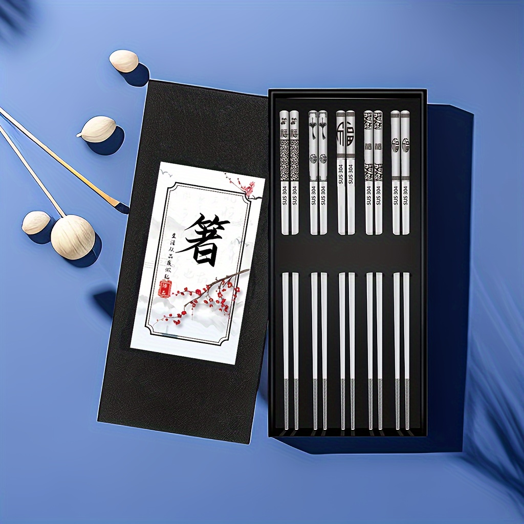 

5 Pairs Stainless Steel Chopsticks Gift Box Set, Reusable Chopsticks, Household Chopsticks, Durable, Dishwasher Safe, For Home Restaurant Hotel, Gifts For Spring Festival New Year