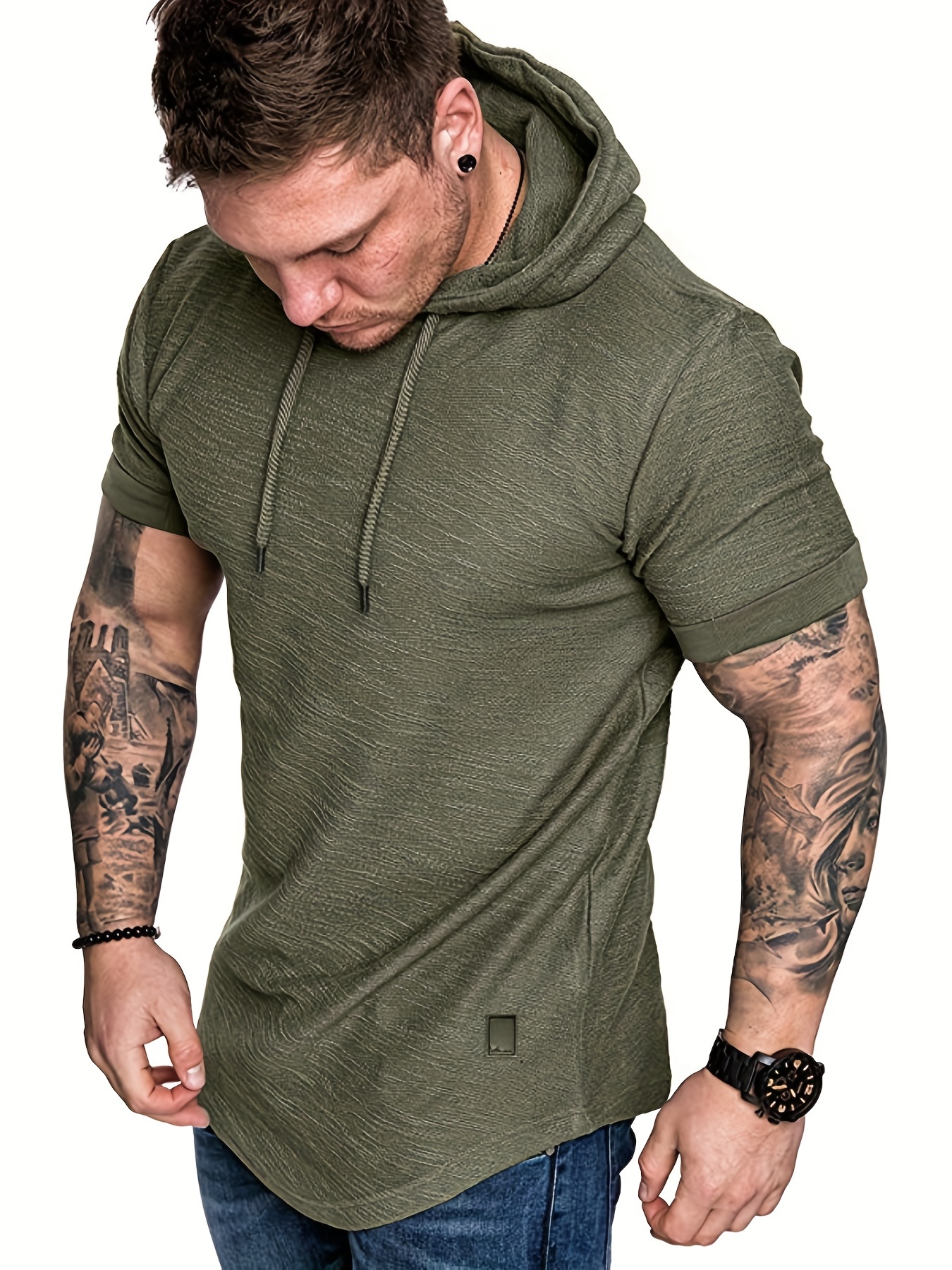 Mens Casual Solid Hooded Tops Short Sleeve Hoodie Shirt