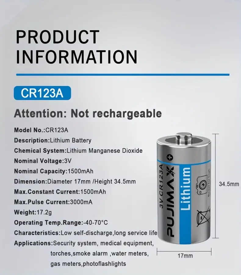 CR123A 3V Lithium Battery 12 Pack 1500mAh, CR123A Battery, 123A Lithium  Batteries 3 Volt High Power, CR123 for High Intensity Flashlight, Home  Safety, Security Devices