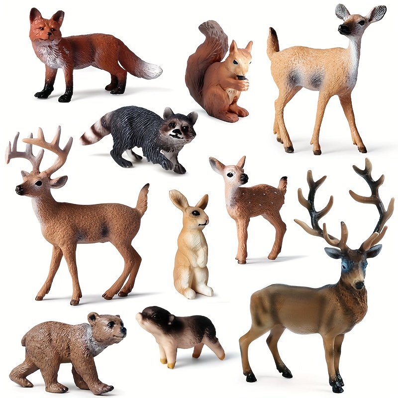 

10pcs Forest Wild Animals Model Set Deer Fox Squirrel Rabbit Action Figures Miniature Cute Cake Toppers Kid's Toy Gift La Ferme
