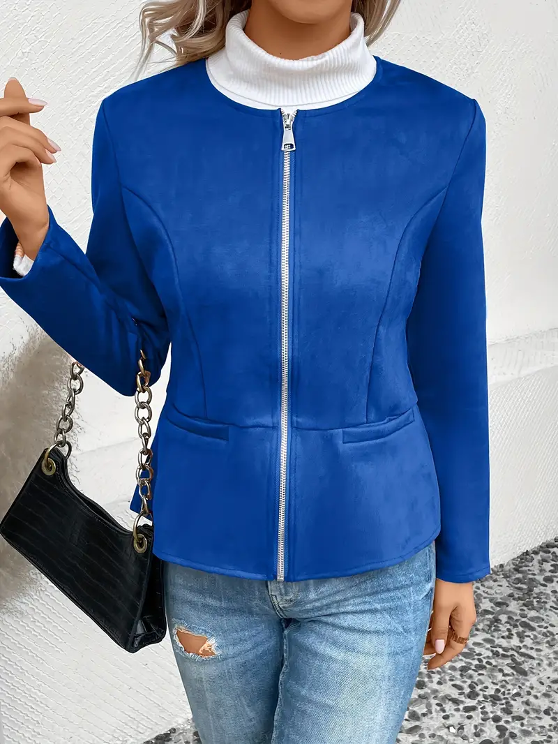 plus size elegant jacket womens plus solid long sleeve zip up round neck jacket details 17