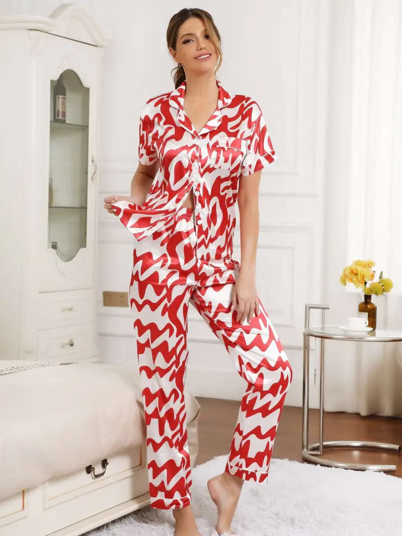 2pcs Satin Pajamas Set, Smooth Irregular Red Print Short Sleeve Top & Loose  Long Pants, Women's Sleepwear & Loungewear