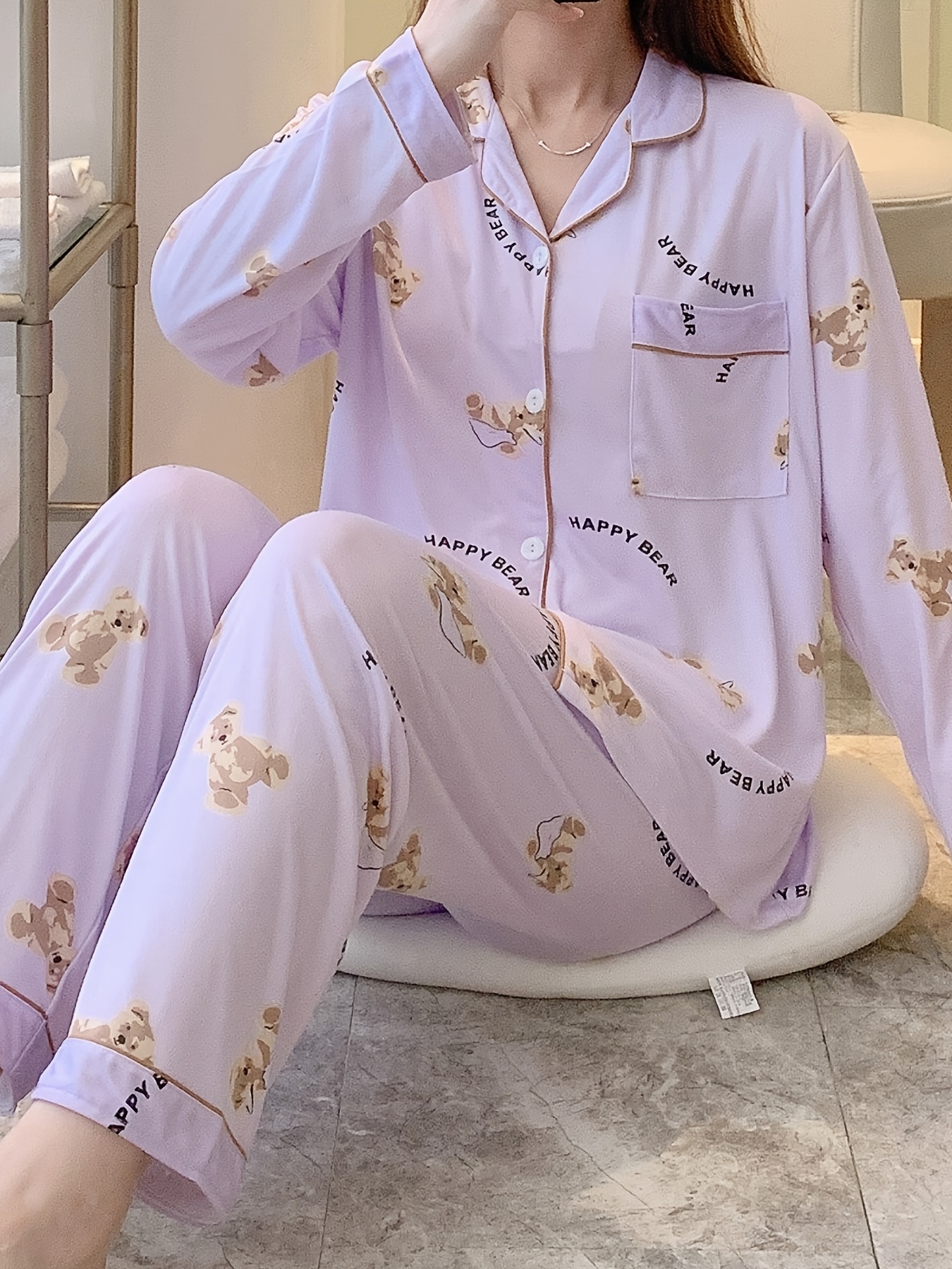 Cartoon Bear Print Pajama Set Cute Lapel Long Sleeve Blouse - Temu United  Kingdom