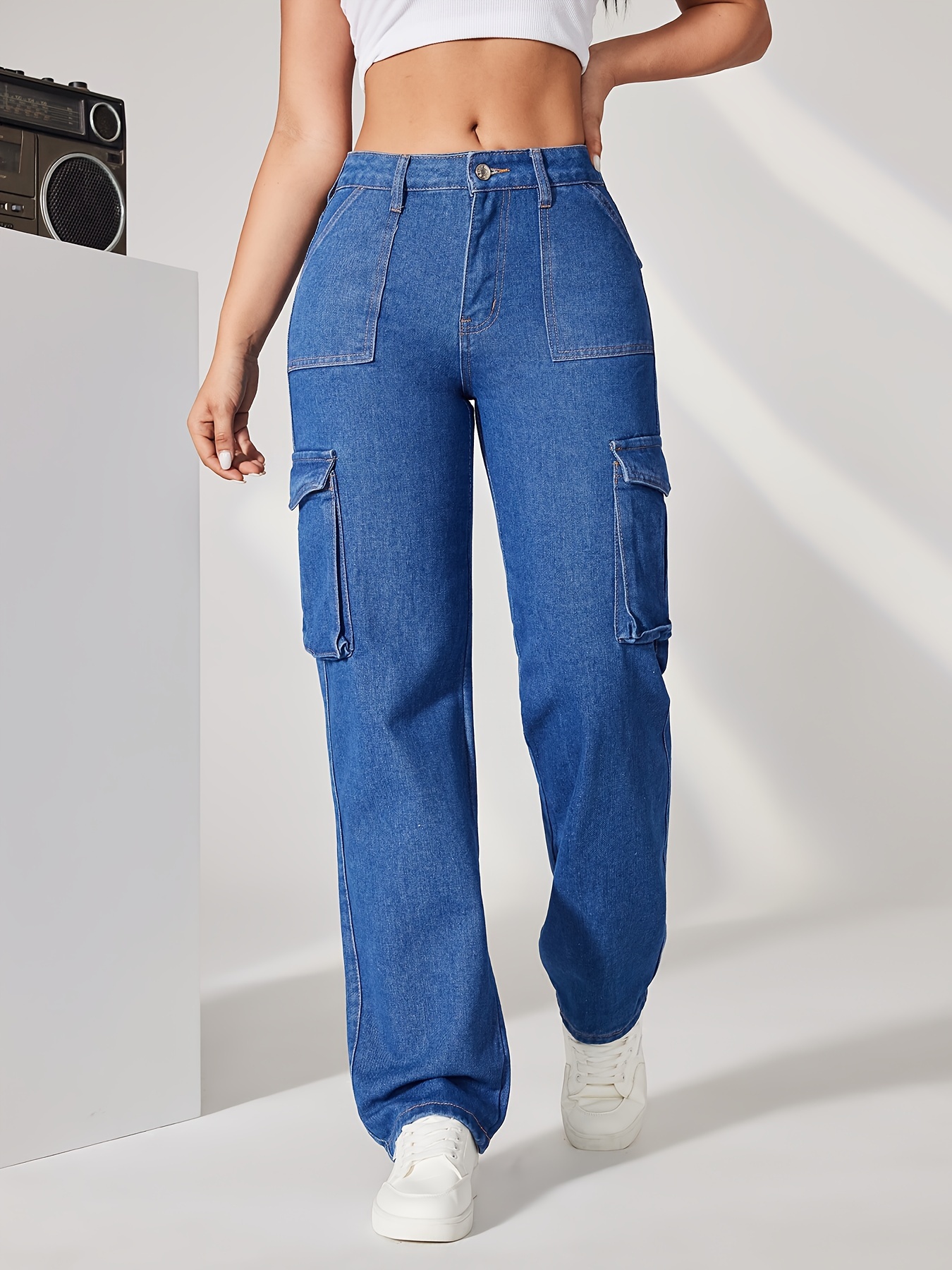 Green Flap Pockets Baggy Jeans High Waist Non stretch Y2k - Temu