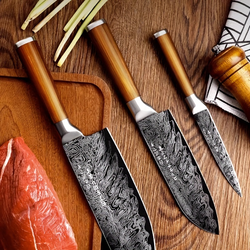 Damascus Pattern Stainless Steel Kitchen Knife Set - Special Vegetable,  Meat, And Bone Knives For Chefs Commercial Kitchen Supplies