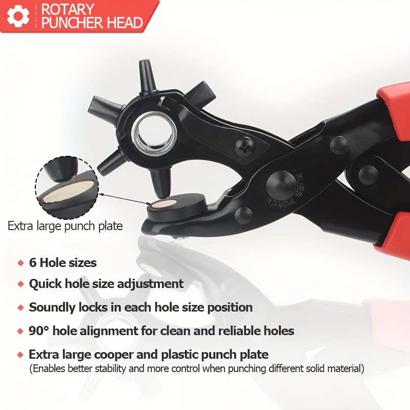 Leather Hole Punch, Belt Hole Puncher, Heavy Duty Revolving Punch Plier  With 6 Holes, Multi Sized For Belts, Crafts, Card, Rubber, Etc.(1pc, Red
