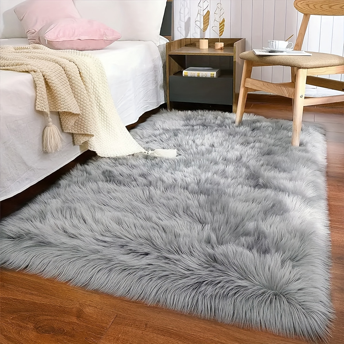 Soft Fluffy Gray Faux Fur Rugs Bedroom Bedside Rug Washable - Temu