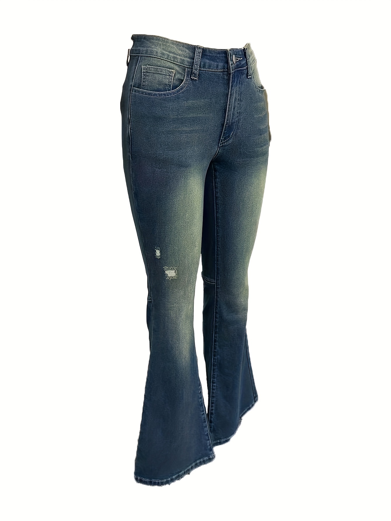 Ripped Holes Washed Flare Jeans High Stretch Slant Pockets - Temu