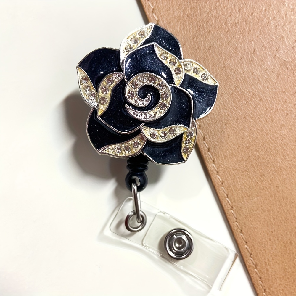 Floral Badge Holder For Women, Bling Black Rose Flower With Rhinestones ID  Badge Holder Clip, Women Nurse RN Badge Reel Retractable For Christmas Gift