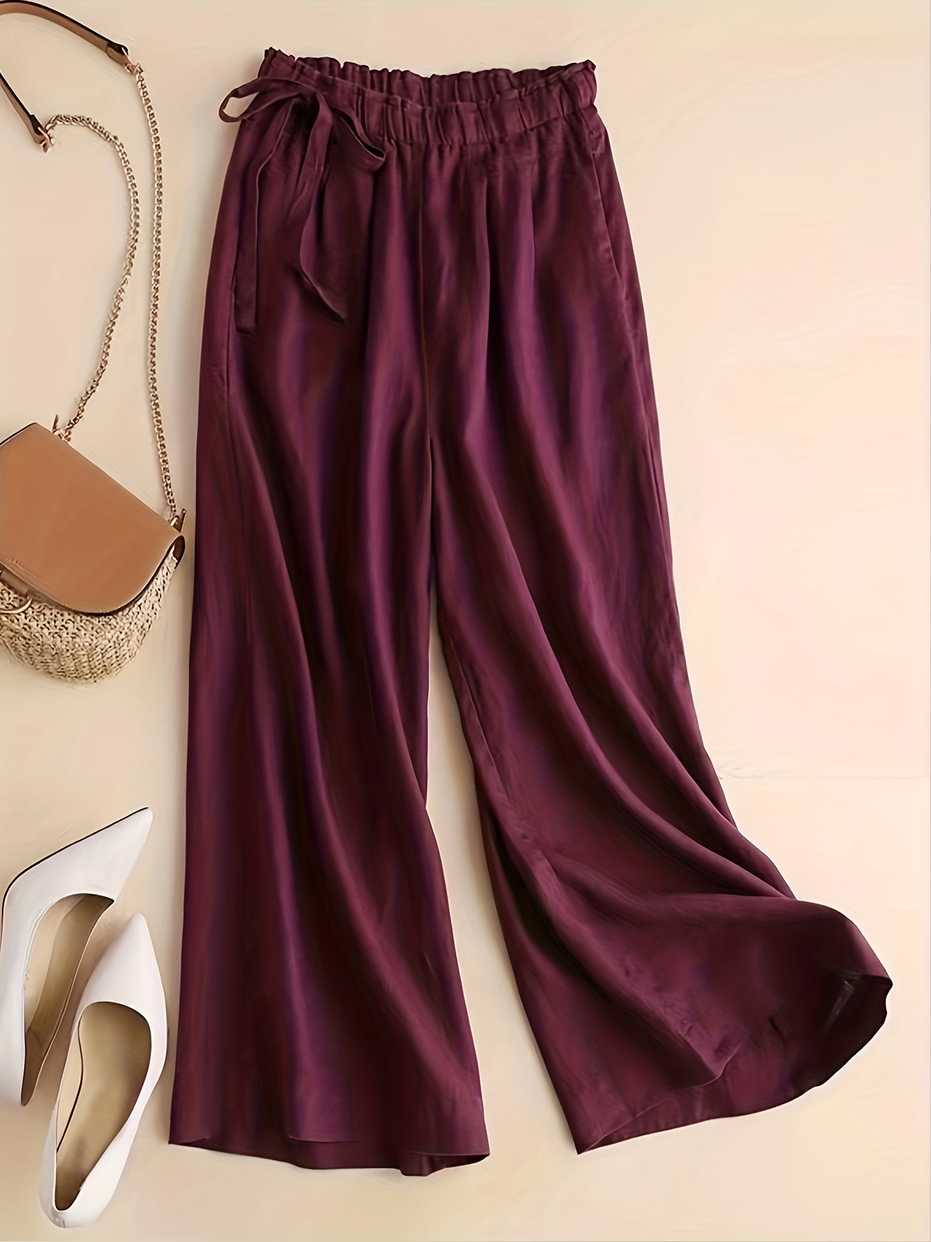Solid Elastic Waist Pants, Casual Wide Leg Summer Pants