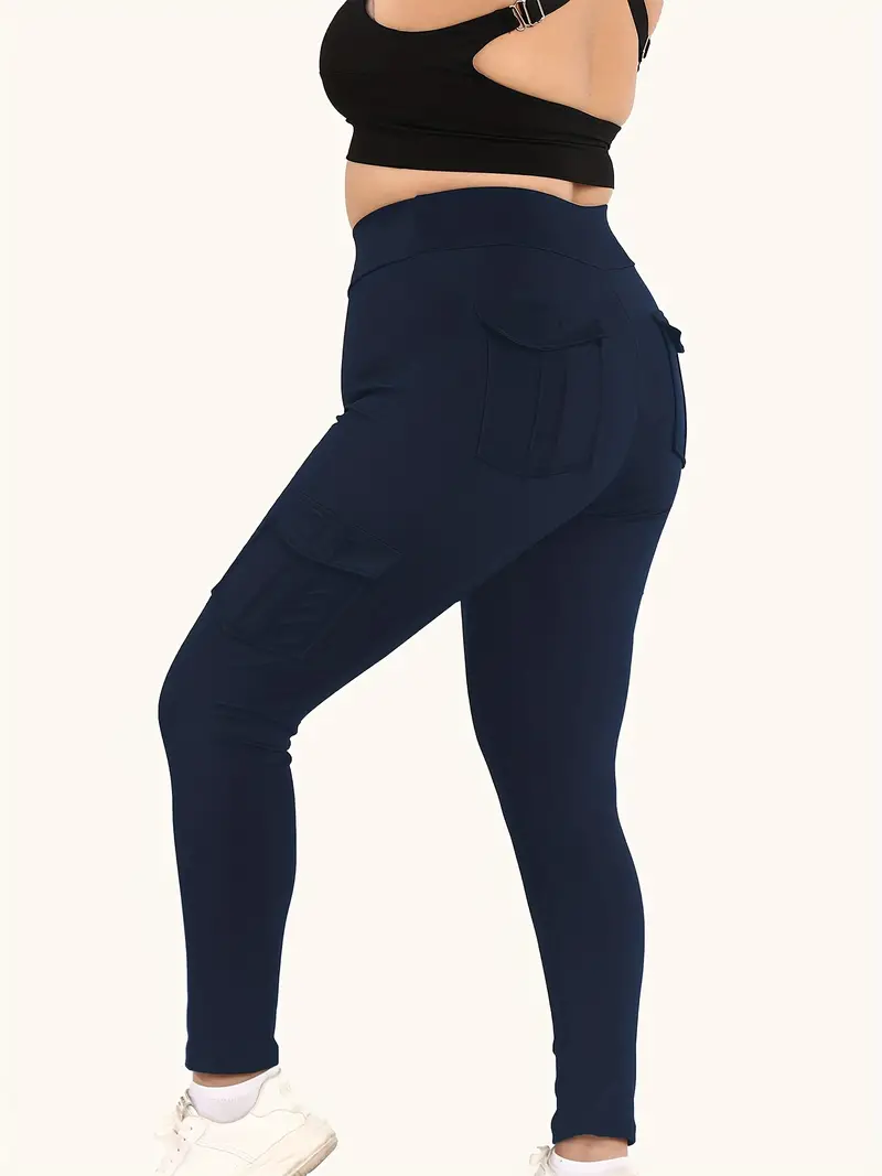 plus size sports leggings womens plus solid high rise skinny fitness leggings with flap pockets details 2