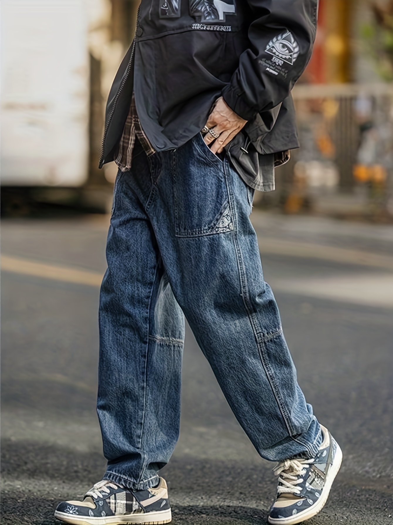 Wide Leg Cotton Jeans, Men's Casual Street Style Patchwork Denim Pants For  Spring Summer - Temu